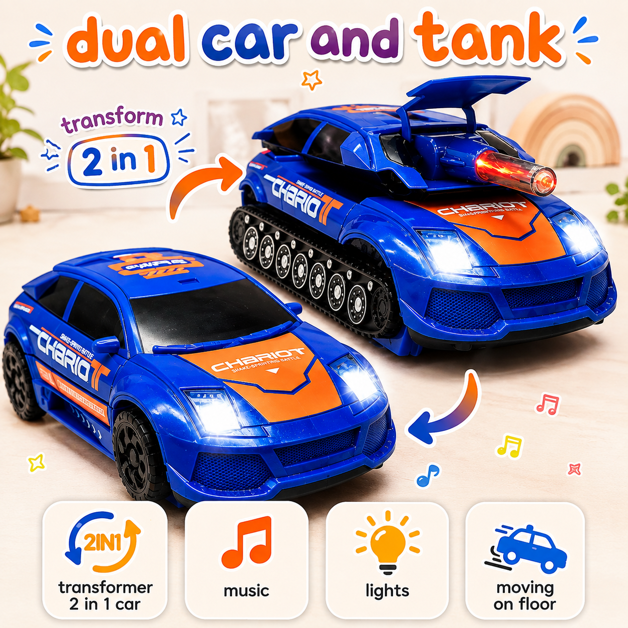 2 in 1 Dual Chariot Car and Tank Transformer With Sound and Lights