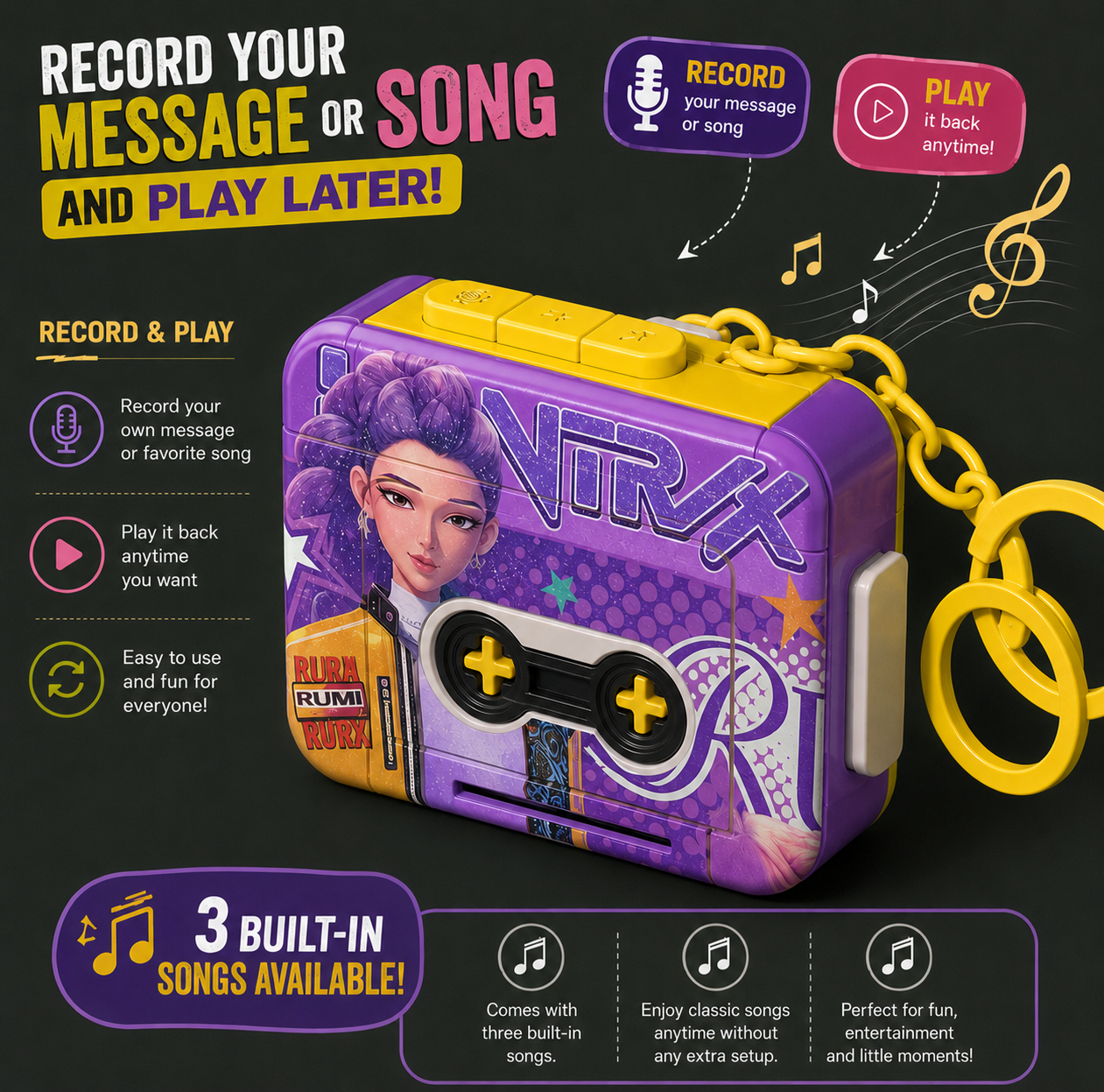 K Pop Retro Cassette Tape Recorder Music & Radio Key Chain | Record & Play