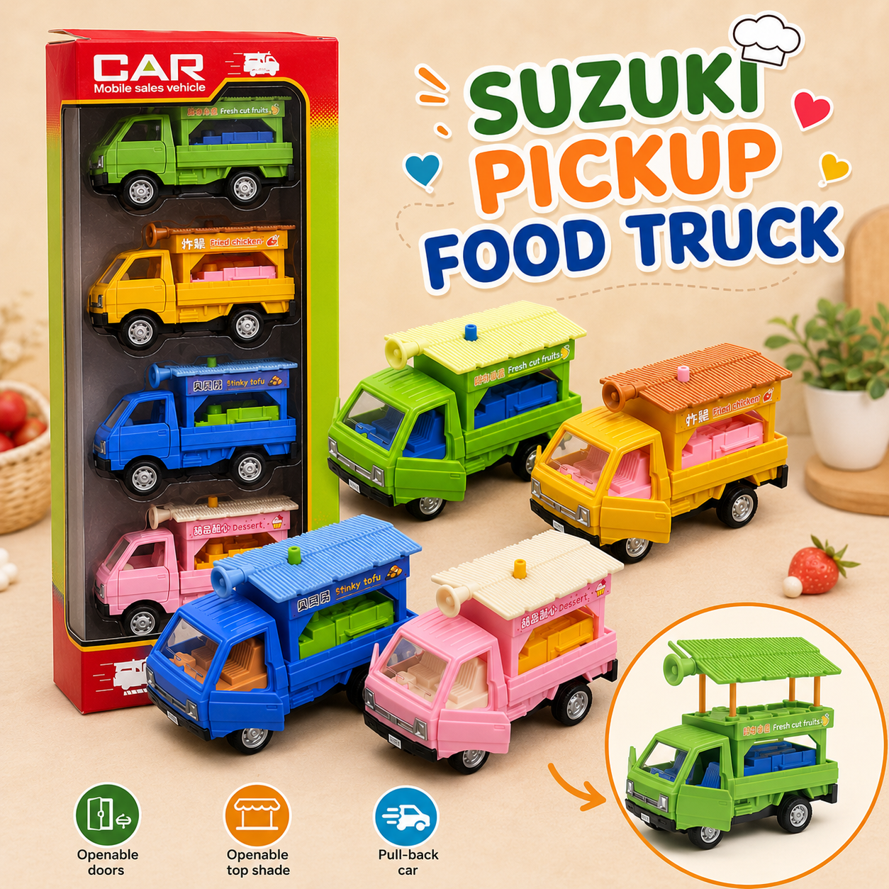 Pack Of 4 Suzuki Food Pickup Truck | Pull Back cars