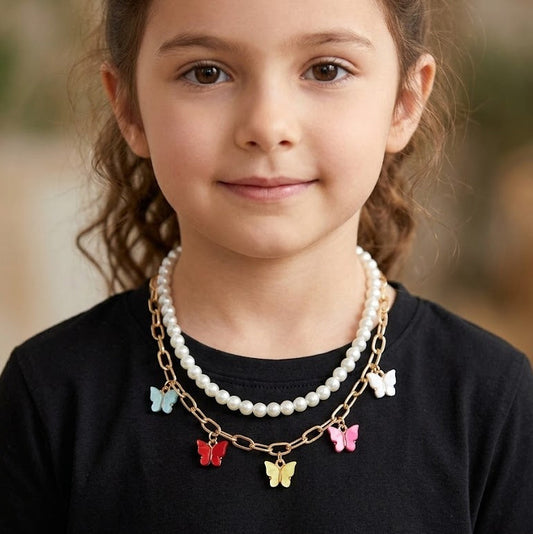 Kids Multi Butterfly Charms Double Chain Necklace
