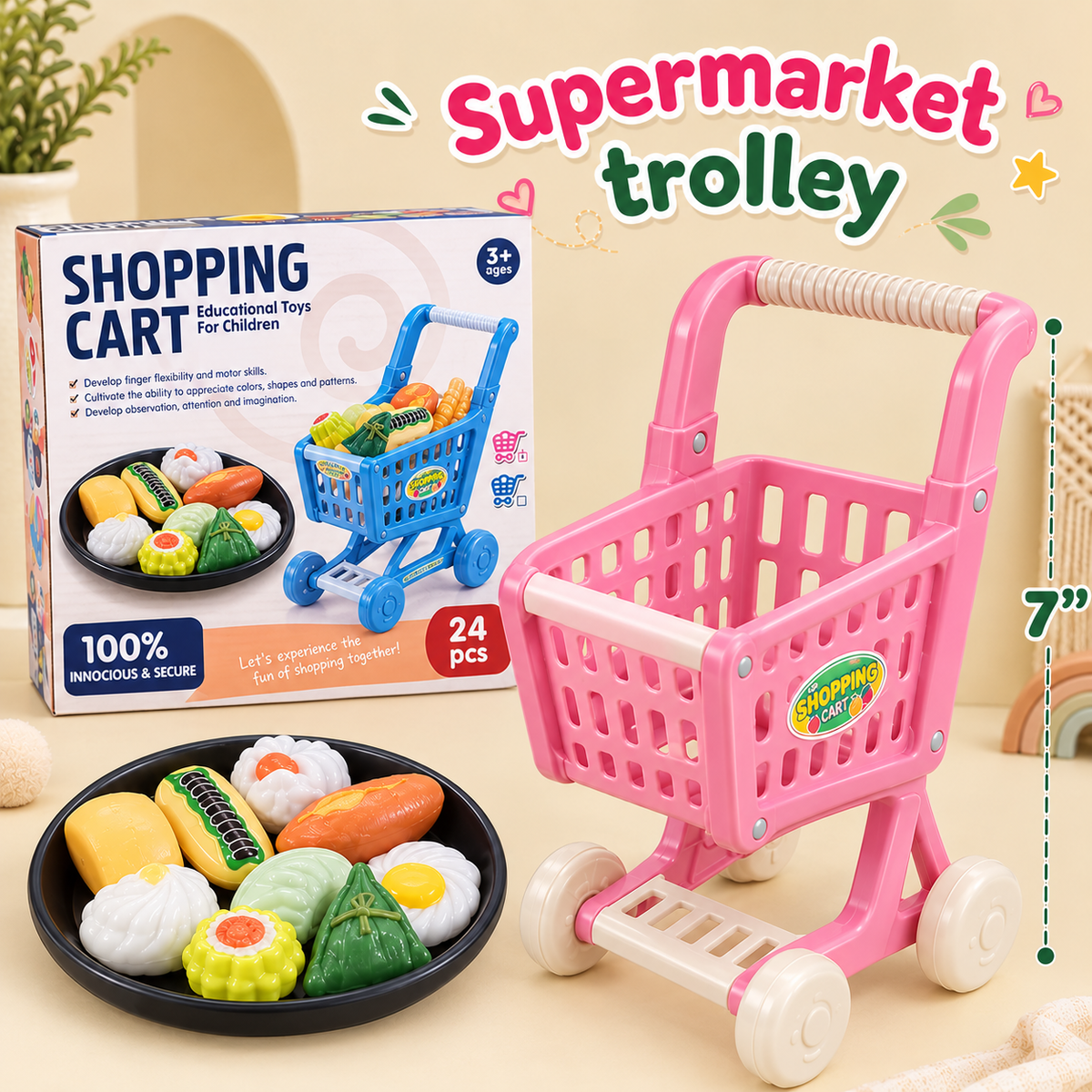 24 Pcs Supermarket Grocery Shopping Trolley Cart For Kids