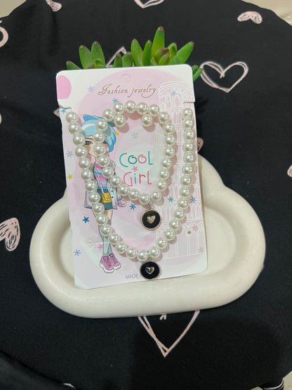 Kids 3 in 1 Earings Necklace Bracelet Pearls Set With Charms