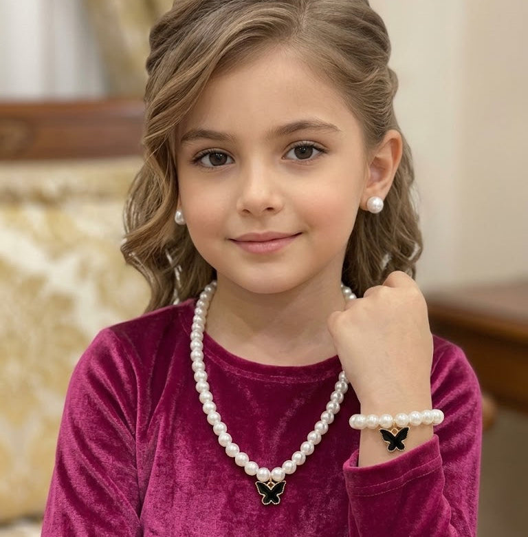 Kids 3 in 1 Earings Necklace Bracelet Pearls Set With Charms