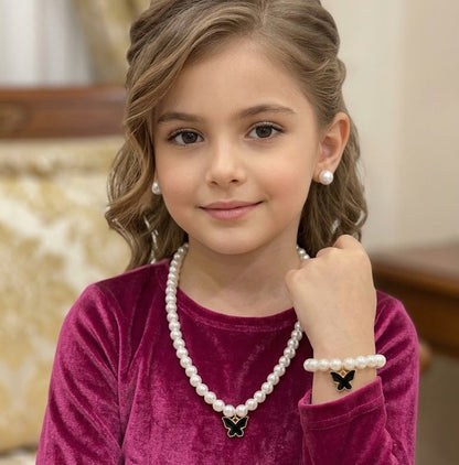 Kids 3 in 1 Earings Necklace Bracelet Pearls Set With Charms