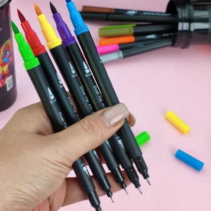 Pack of 12 Brush Pens | Dual-Tip Marker + Pointer With Free Pen Organizer