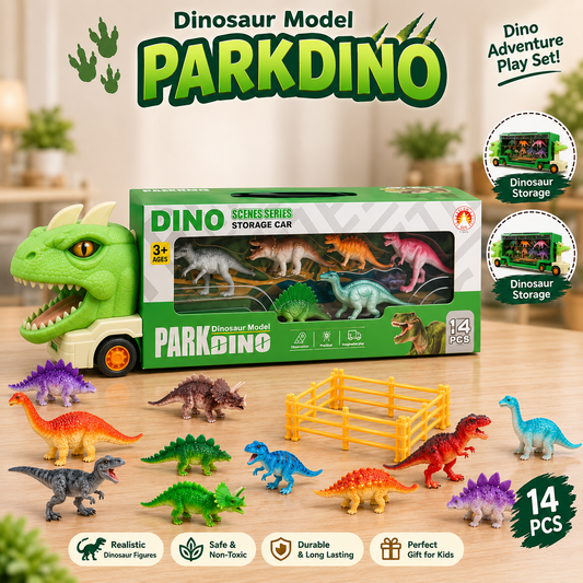 14-Piece Dinosaur Transport Truck Toy Set with Mini Dino Figures