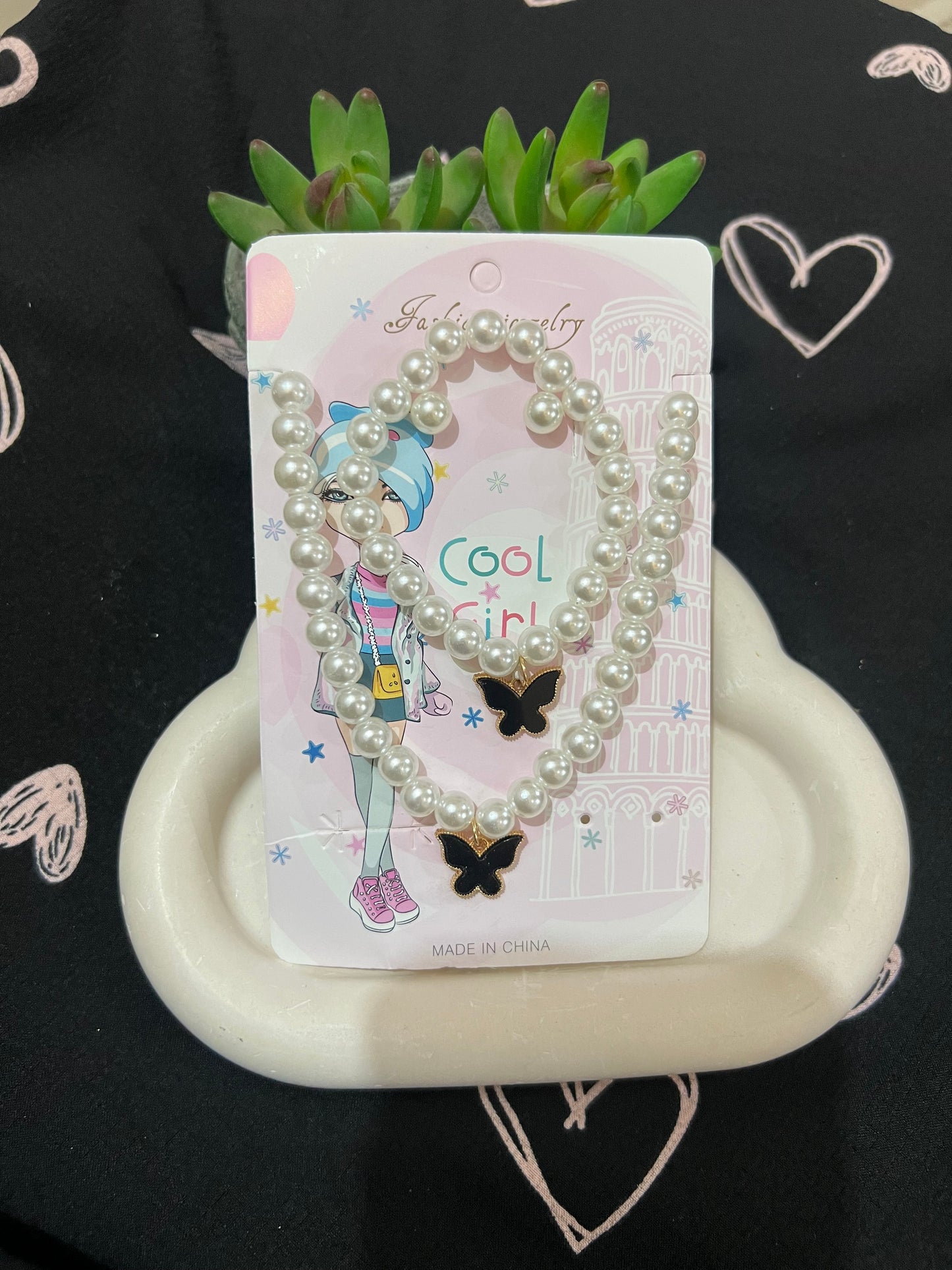 Kids 3 in 1 Earings Necklace Bracelet Pearls Set With Charms