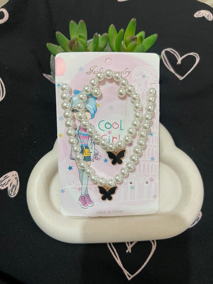 Kids 3 in 1 Earings Necklace Bracelet Pearls Set With Charms