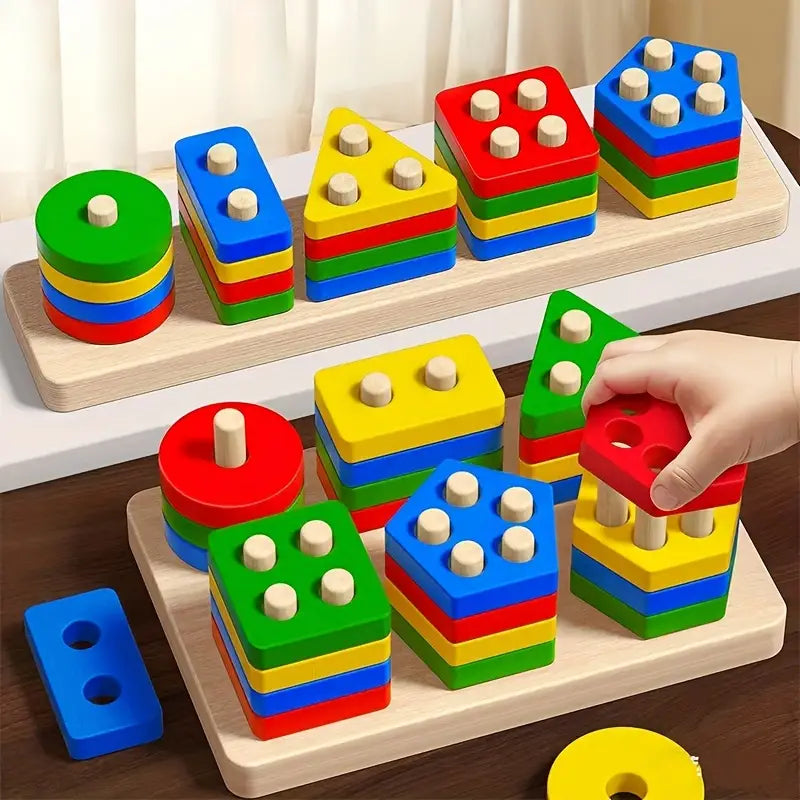 Wooden Geometric Shape Sorter Stacking Blocks | Educational Toy