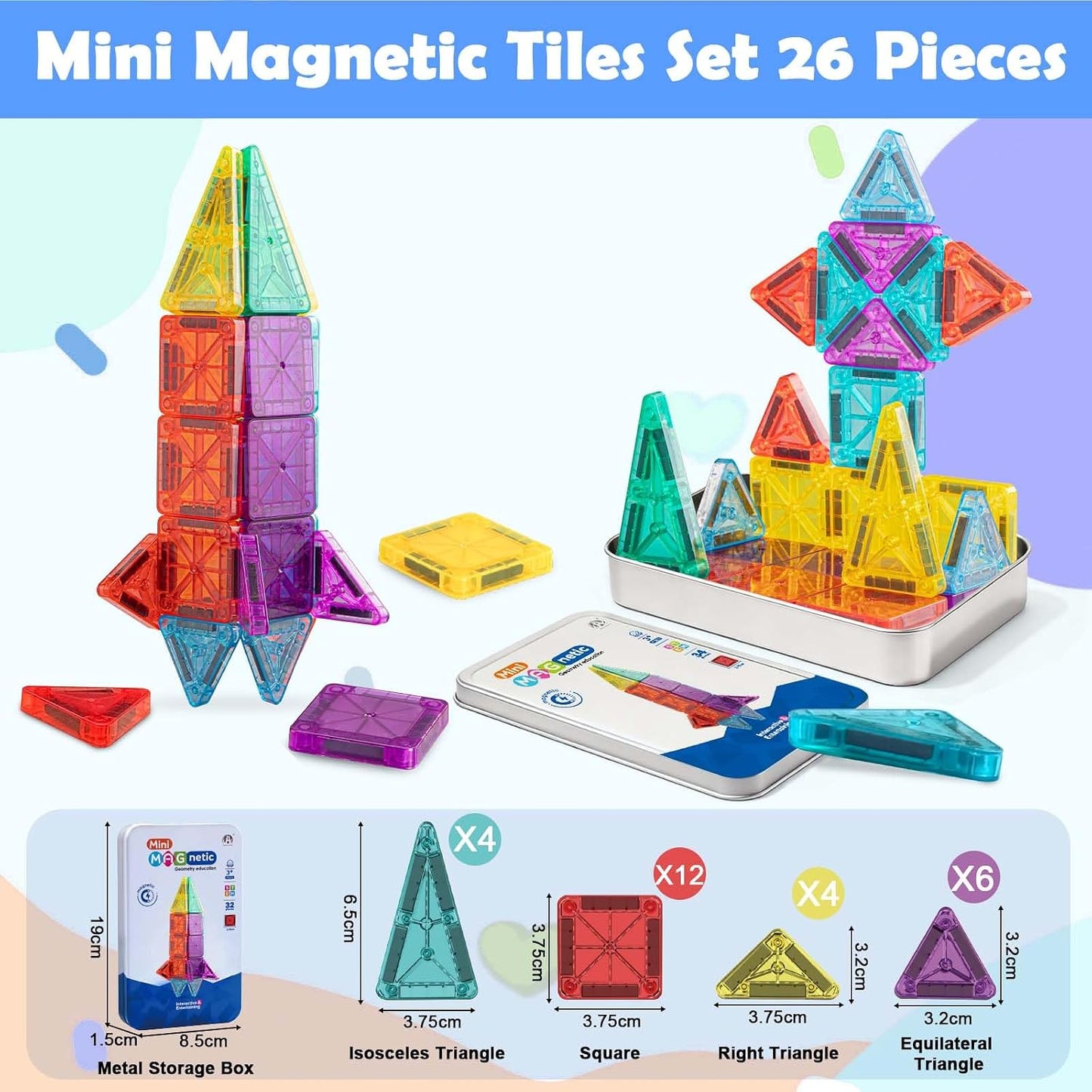 26 Pcs Portable Magnetic Tiles Blocks With Storage Box