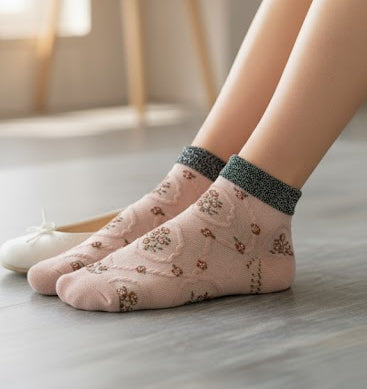 Carved Embossed Floral Ladies Socks With Moonlight Glitter