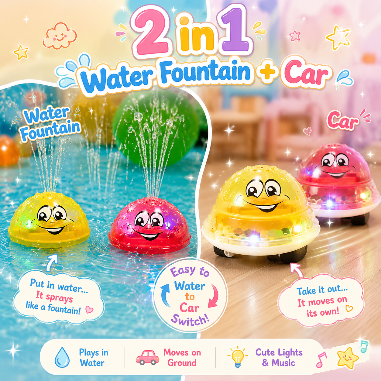 2 in 1 Water Fountain Spray + Moving Car With Lights & Sound | Bath Toy With Car