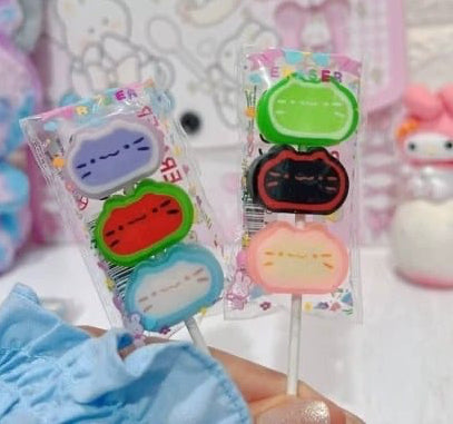 Kitten Candy Lollipop Eraser Set Of 3