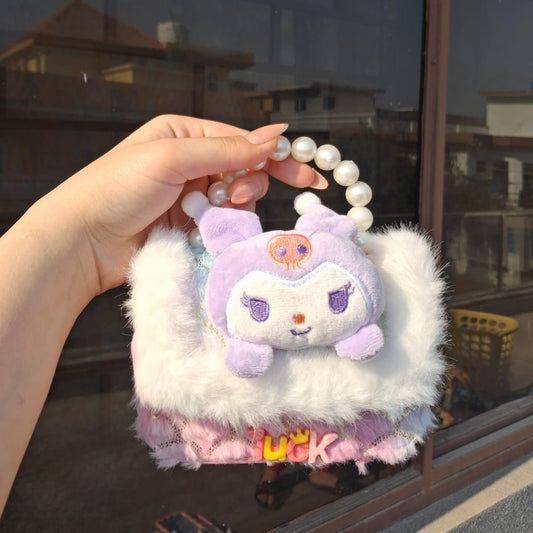 Kuromi Luxurious Pearl Fur Cross Body Purse and Hand Bag