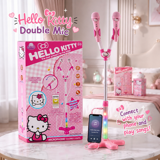 Hello Kitty Double Mic Stand with Built-in Speaker | Connect Your Phone & Play Music | Kids Karaoke Toy