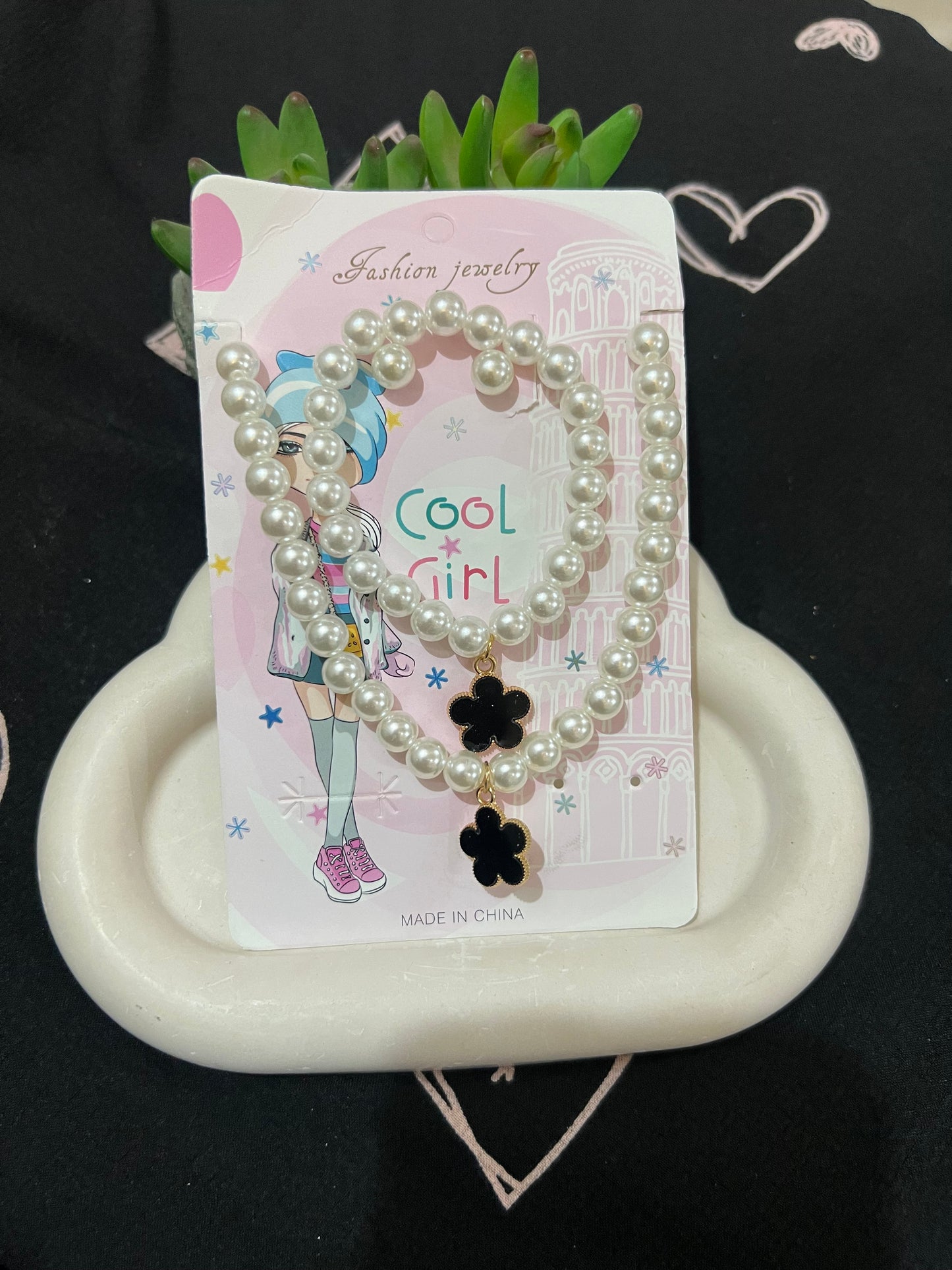 Kids 3 in 1 Earings Necklace Bracelet Pearls Set With Charms