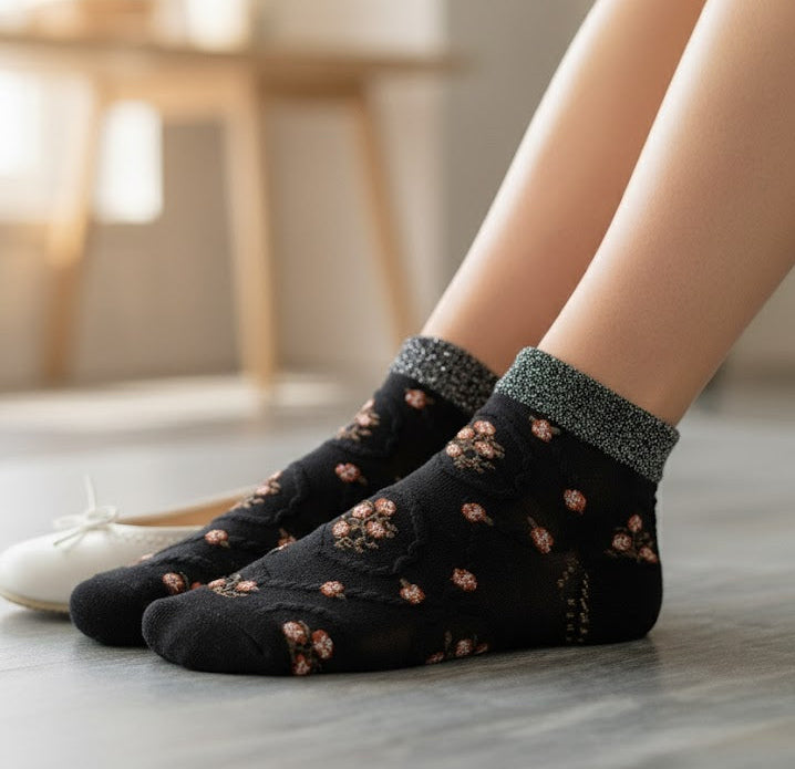 Carved Embossed Floral Ladies Socks With Moonlight Glitter