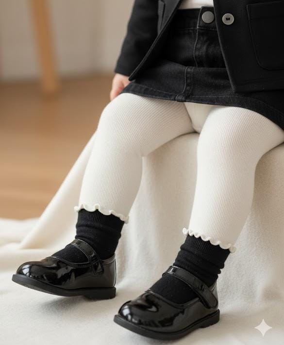 Girls Off White Ruffles Warm Tights