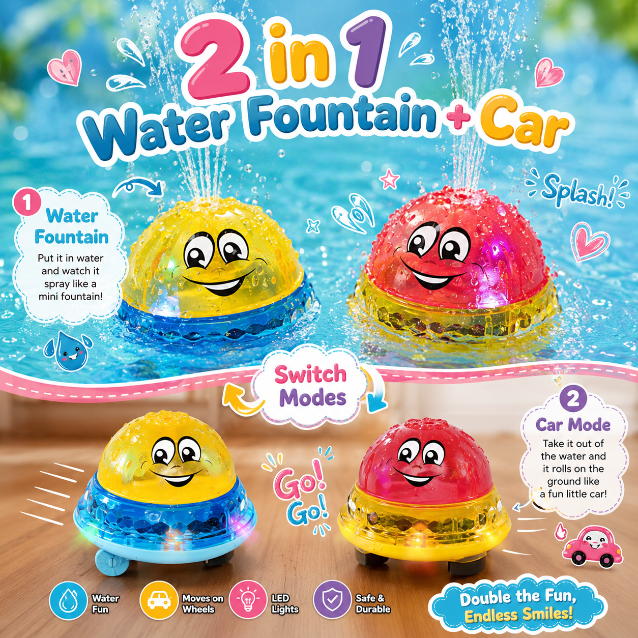 2 in 1 Water Fountain Spray + Moving Car With Lights & Sound | Bath Toy With Car