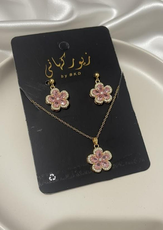Stones Flower Floral Stainless Steel Earing + Necklace