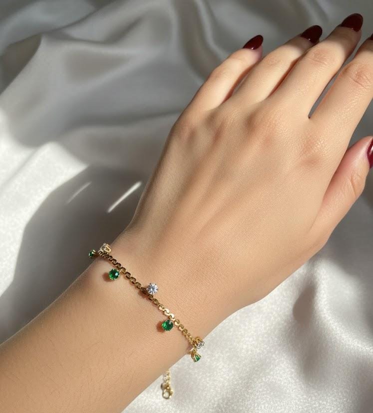 Emerald Green And Zircon Charms Stainless Steel 2 in 1 Bracelet + Anklet