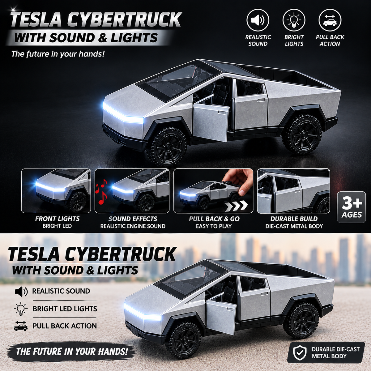 2 in 1 Pull Back Metal Body Tesla Cyber Truck Car With Lights and Sound