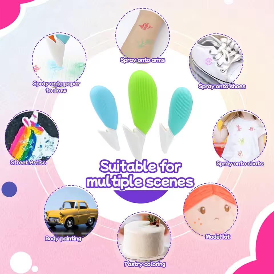 Air Brush Kit With 12 Colour Markers | Hand Pump | 8 Stencil Sheets | 1 Colouring Book