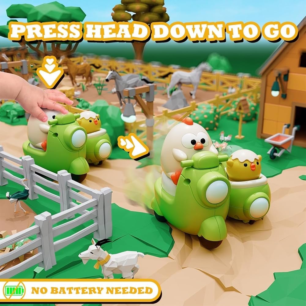 Double Scooty Chick & Dino Toy | Press Head and Go Fun Toy for Kids