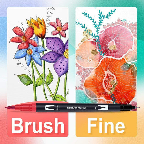 Pack of 12 Brush Pens | Dual-Tip Marker + Pointer With Free Pen Organizer