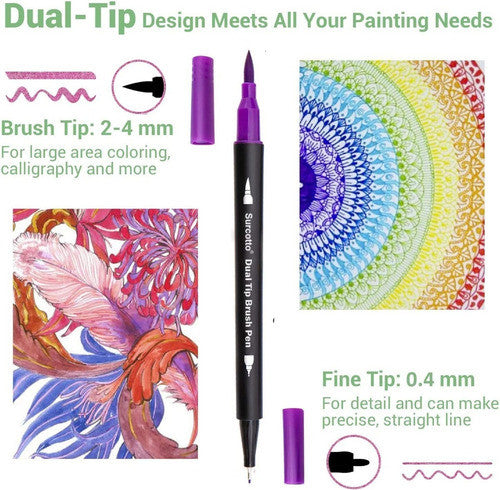 Pack of 12 Brush Pens | Dual-Tip Marker + Pointer With Free Pen Organizer