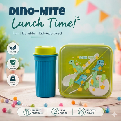 Dinosaur BPA Free Bento Lunchbox and Bottle Set With Fork Spoon and Sauce Box