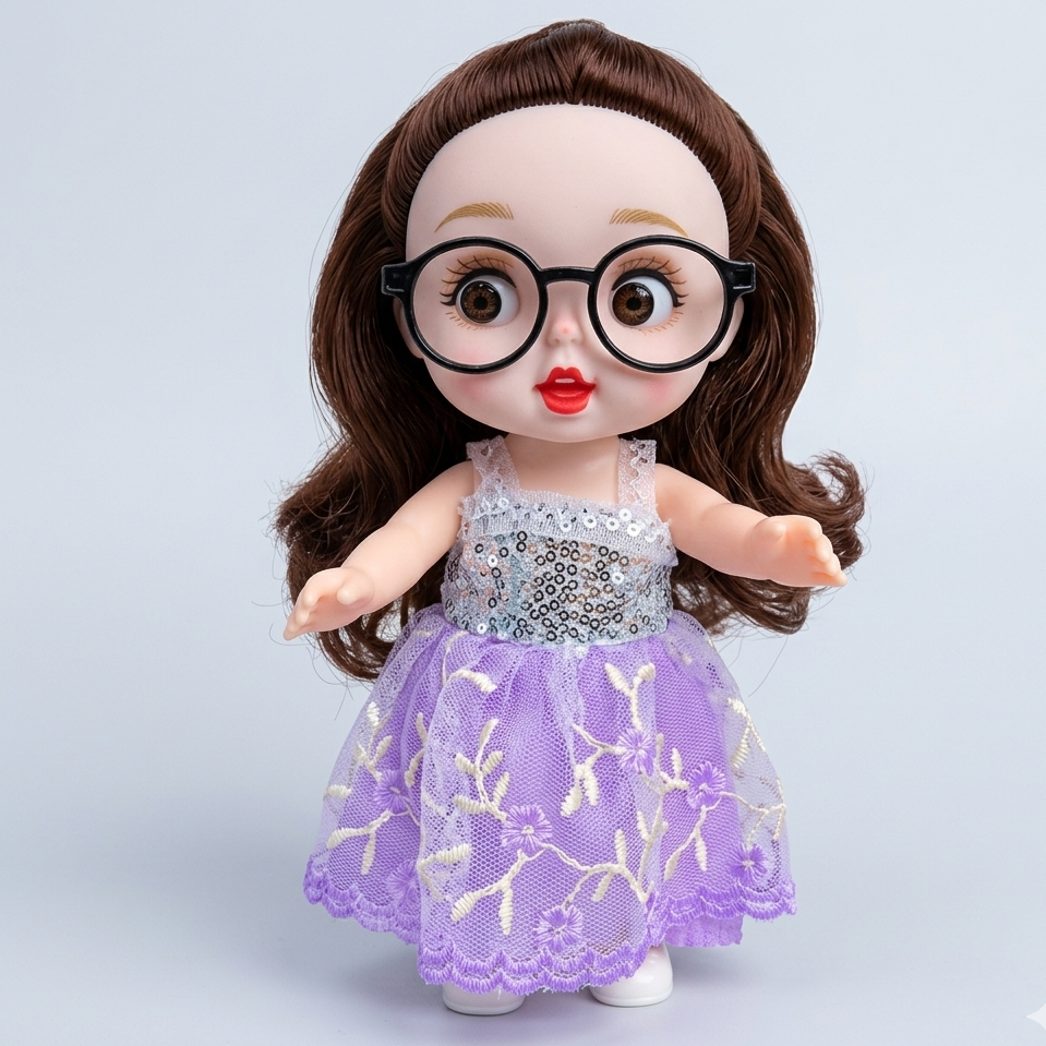 Doll with glasses and a purple dress on a light gray background