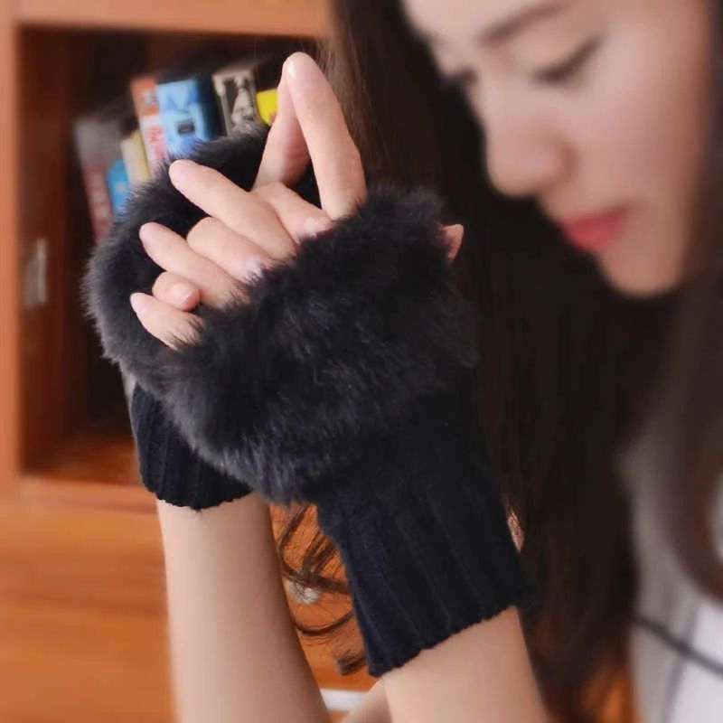 Girls Fur Fingerless Gloves Red | Black | Blue