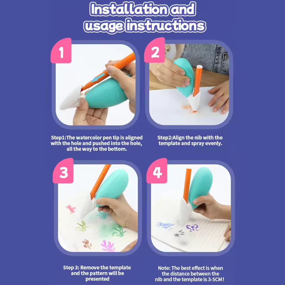 Air Brush Kit With 12 Colour Markers | Hand Pump | 8 Stencil Sheets | 1 Colouring Book