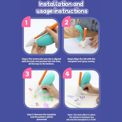 Air Brush Kit With 12 Colour Markers | Hand Pump | 8 Stencil Sheets | 1 Colouring Book