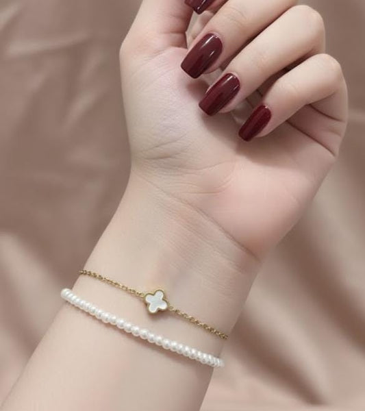 Pearl Double Chain Stainless Steel Anklet + Bracelet