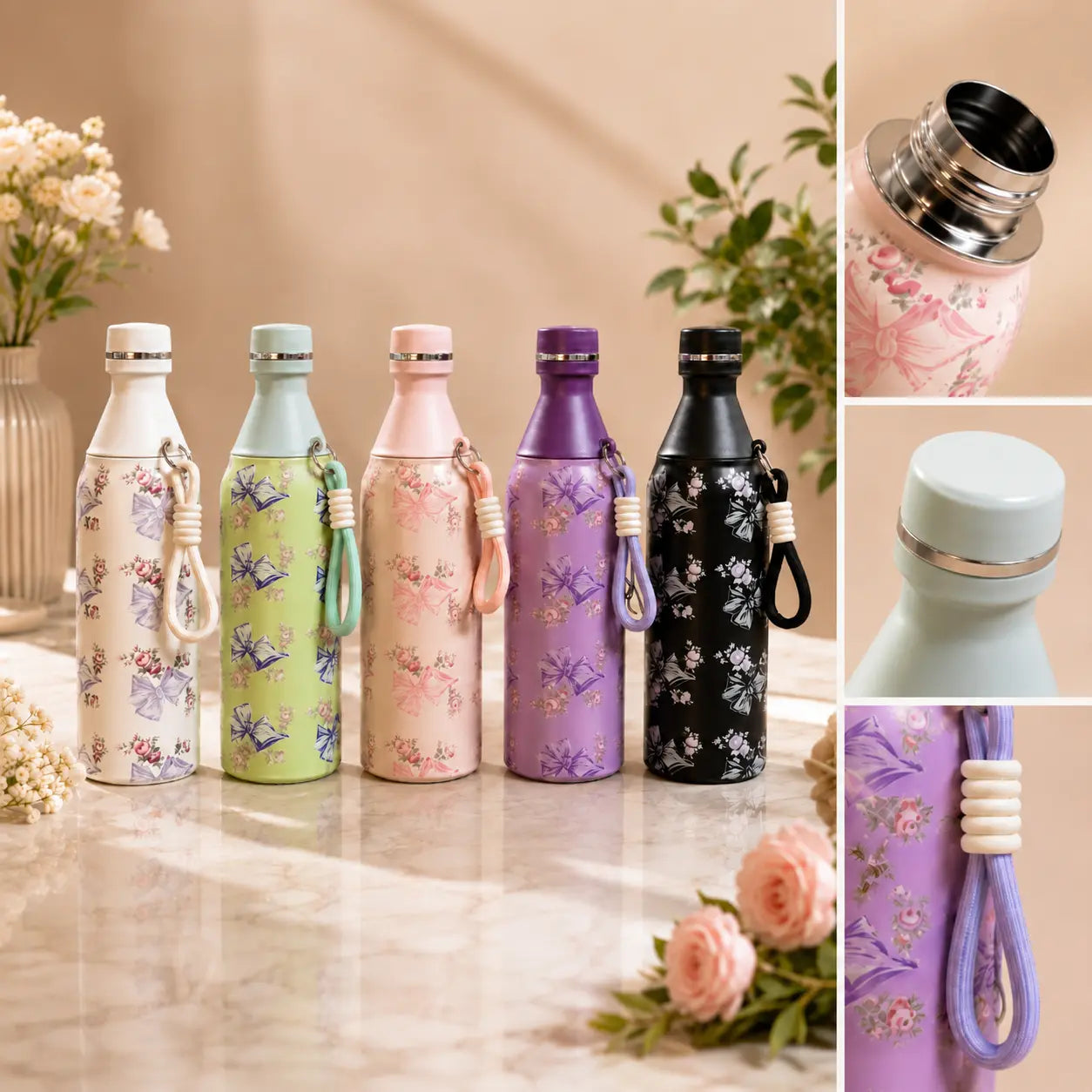 Pinteresty Bow Floral Water Bottle With Rare Matte Finish
