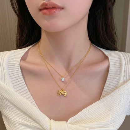 Double Chain Bow + Zircon Pendant Stainless Steel Necklace