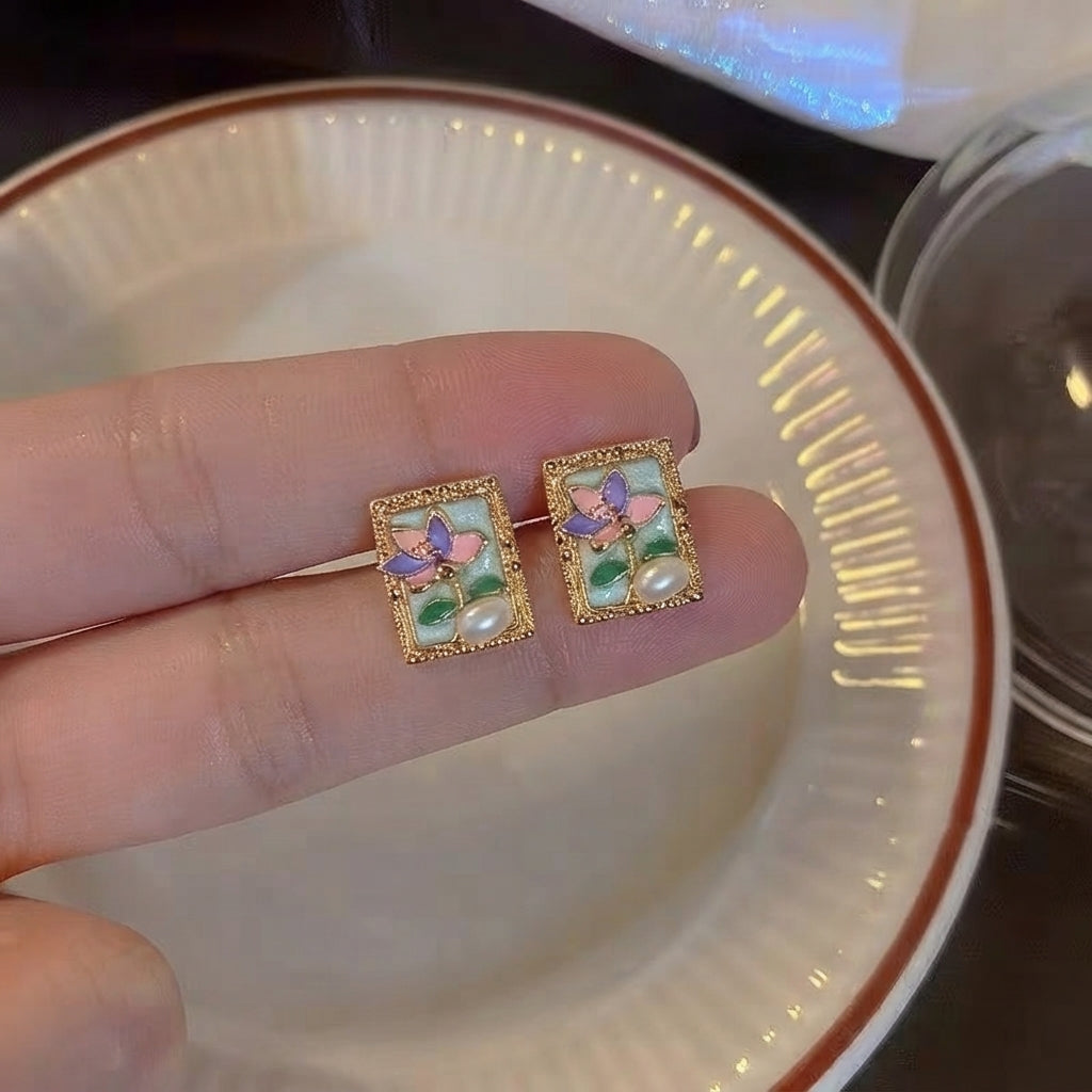 Whimsical Princess Enamel Floral Rectangle Earings