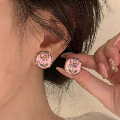 Whimsical Pinteresty Enamel Floral Circle Earrings