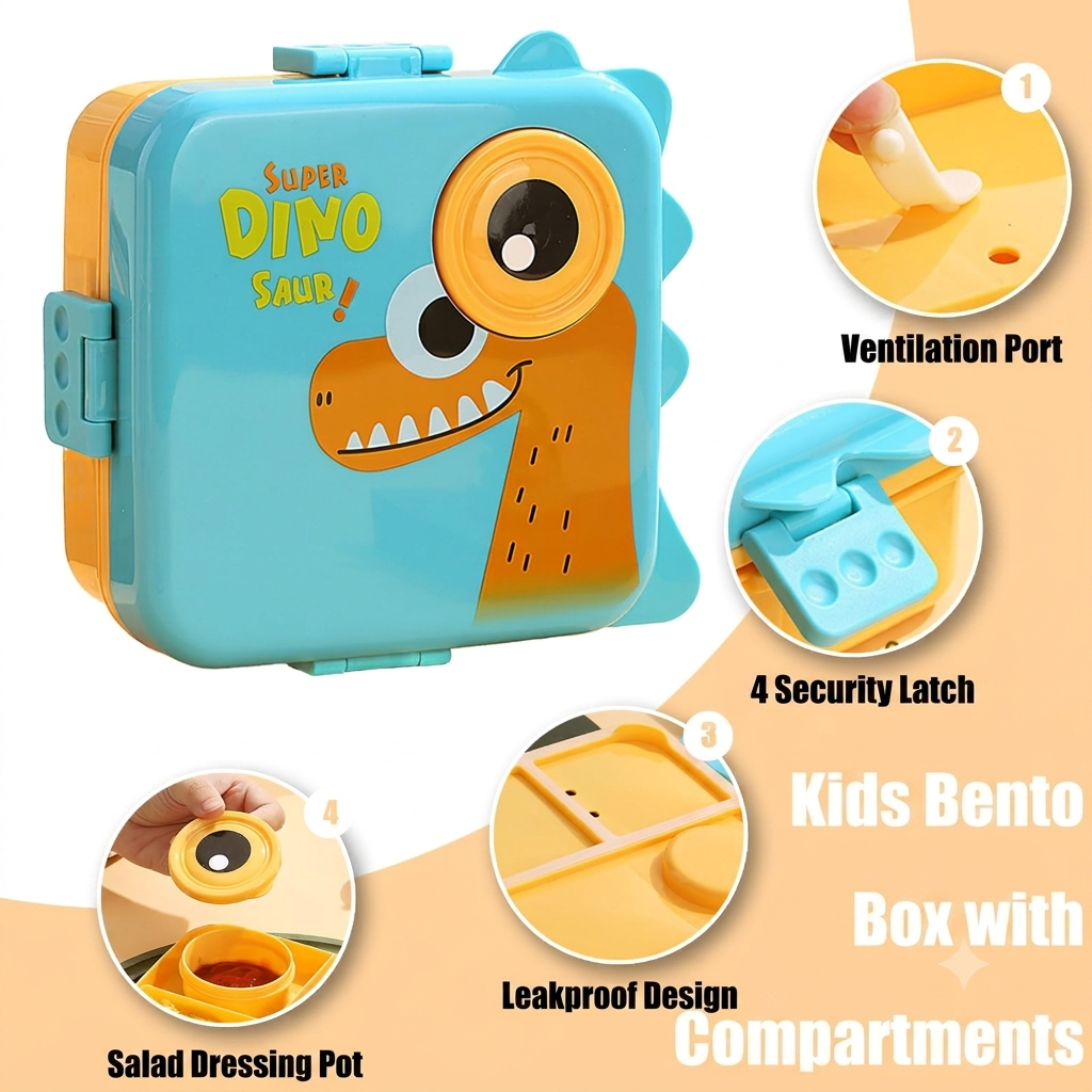 Dinosaur 3 Compartment Bento Lunchbox With Eye Saucer Box