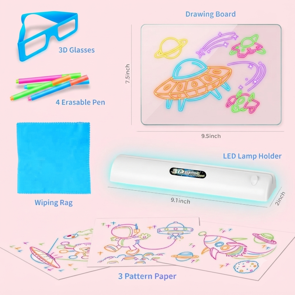3D Magic Drawing Board With Lights | Markers | 3d Glasses