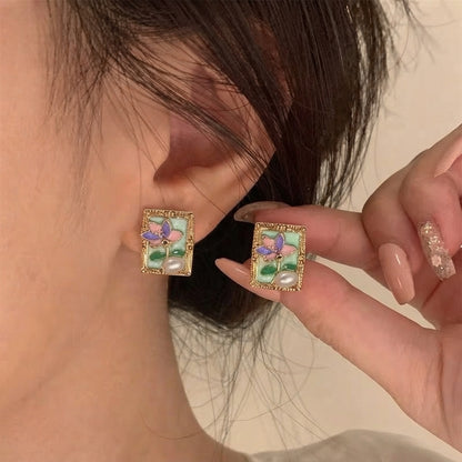 Whimsical Princess Enamel Floral Rectangle Earings