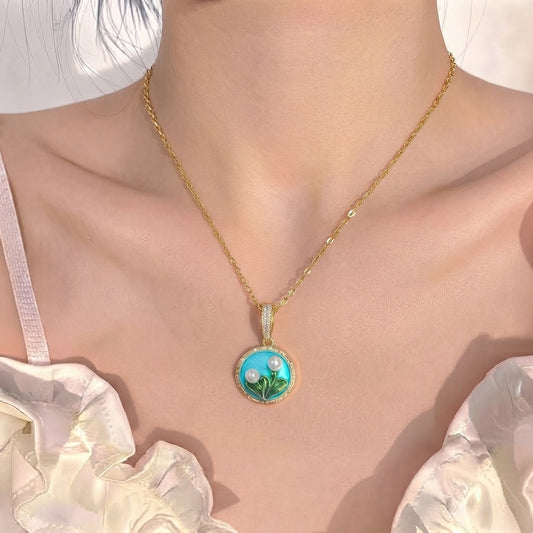 Turquoise Enamel Floral Stainless Steel Necklace