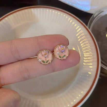 Whimsical Pinteresty Enamel Floral Circle Earrings
