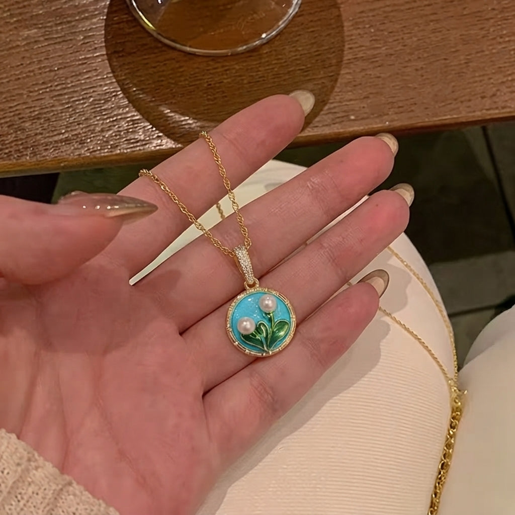 Turquoise Enamel Floral Stainless Steel Necklace