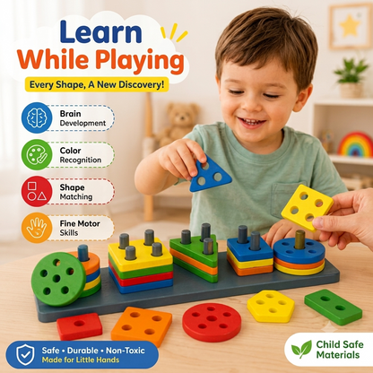 Wooden Geometric Shape Sorter Stacking Blocks | Educational Toy
