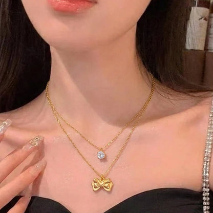 Double Chain Bow + Zircon Pendant Stainless Steel Necklace