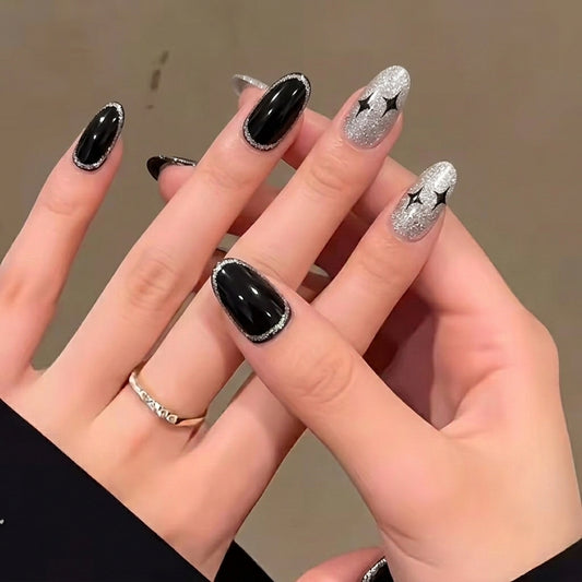 Premium 24pcs Press-On Nail Kit – Elegant Black & Silver Star Design