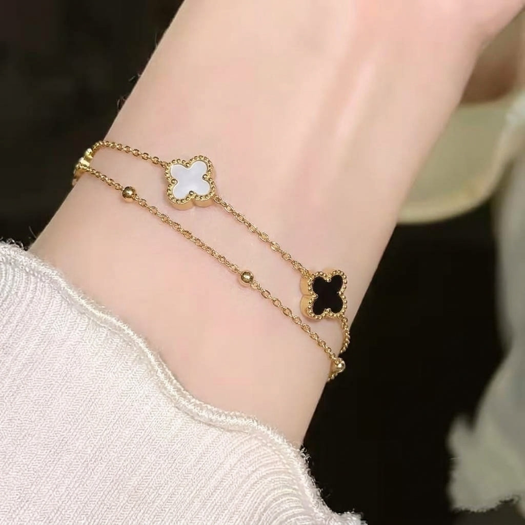 Four Leaf Clover LV Double Chain Stainless Steel Bracelet